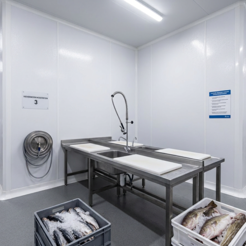 hygienische-wandafwerking-visverwerking-FRP Hygiënische wandafwerking visverwerkend bedrijf FRP HACCP