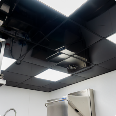 FRP-plafondafwerking-systeem_plafond_zwart-smooth-spoelkeuken Hygiënische wand- plafondafwerking FRP plafondplaat HACCP renovatie