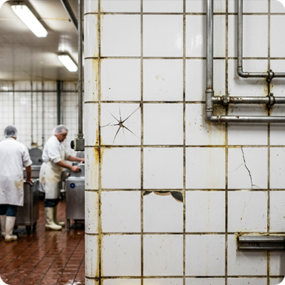 schade_food productie ruimte tegels gebroken